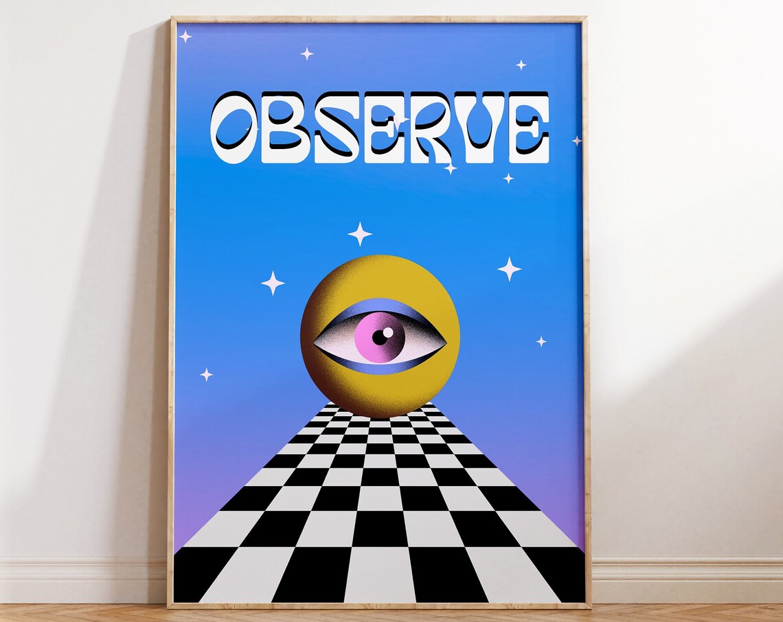 All Seeing Eye Checkerboard 90s Poster, Trippy Retro