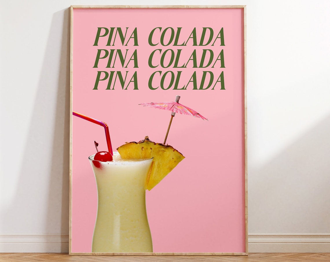 Pina Colada Tropical Drink Photo Pink Retro Summer Kitchen Poster