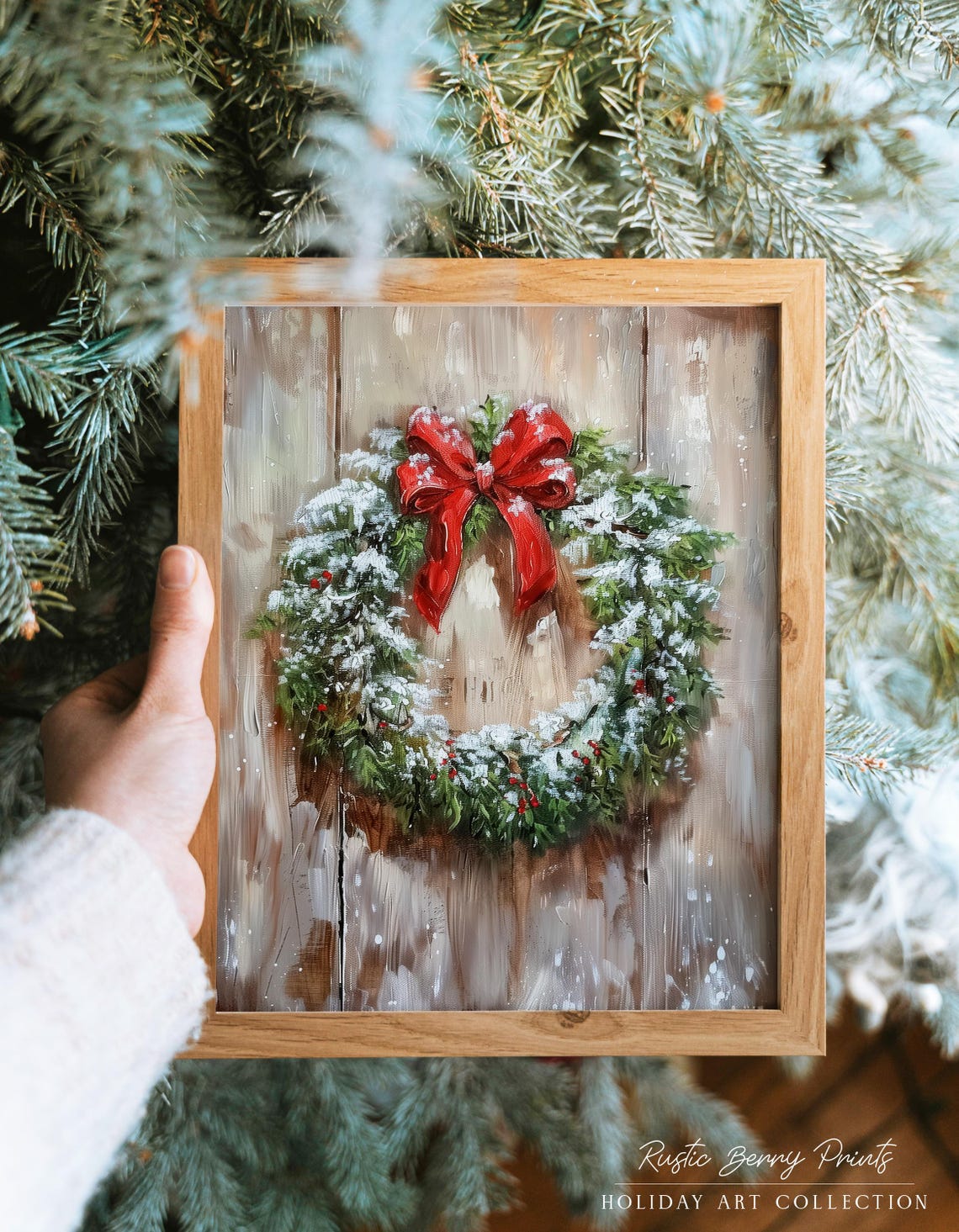 Snowy Christmas Wreath Red Bow On Rustic Wooden Door Holiday Art Print