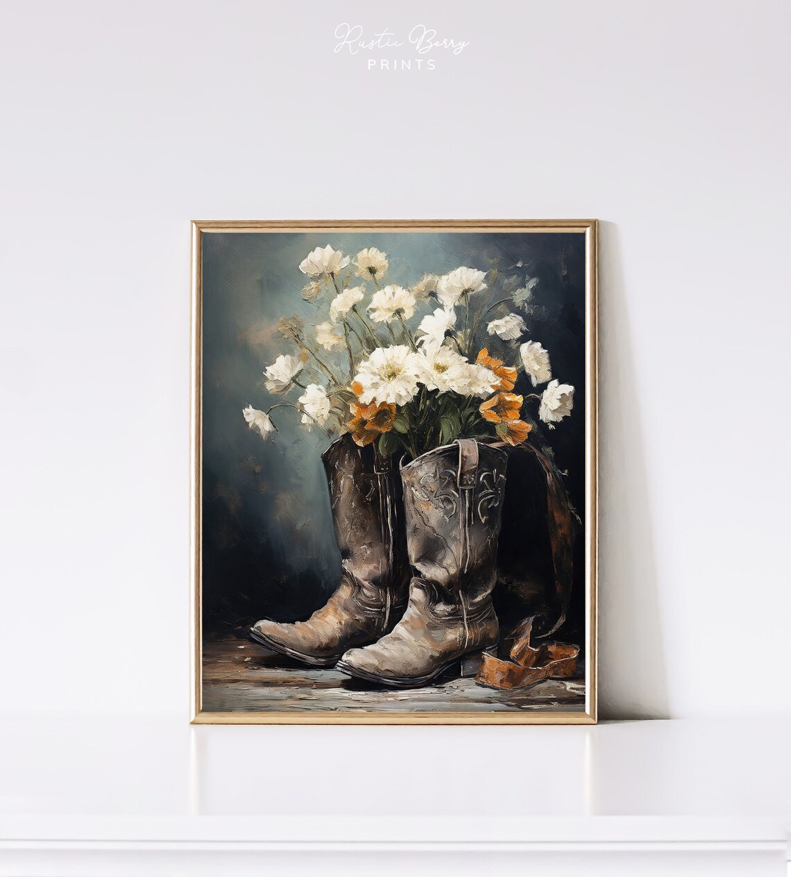 Vintage Cowboy Boots Wildflowers Still Life Rustic Western Art Print