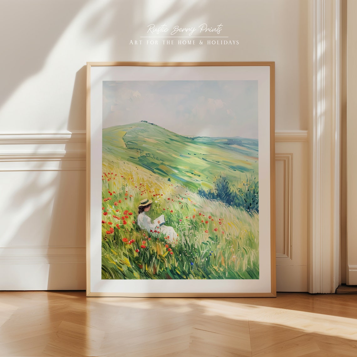 Woman Reading Among Red Poppies Green Hillside Vintage Art Poster