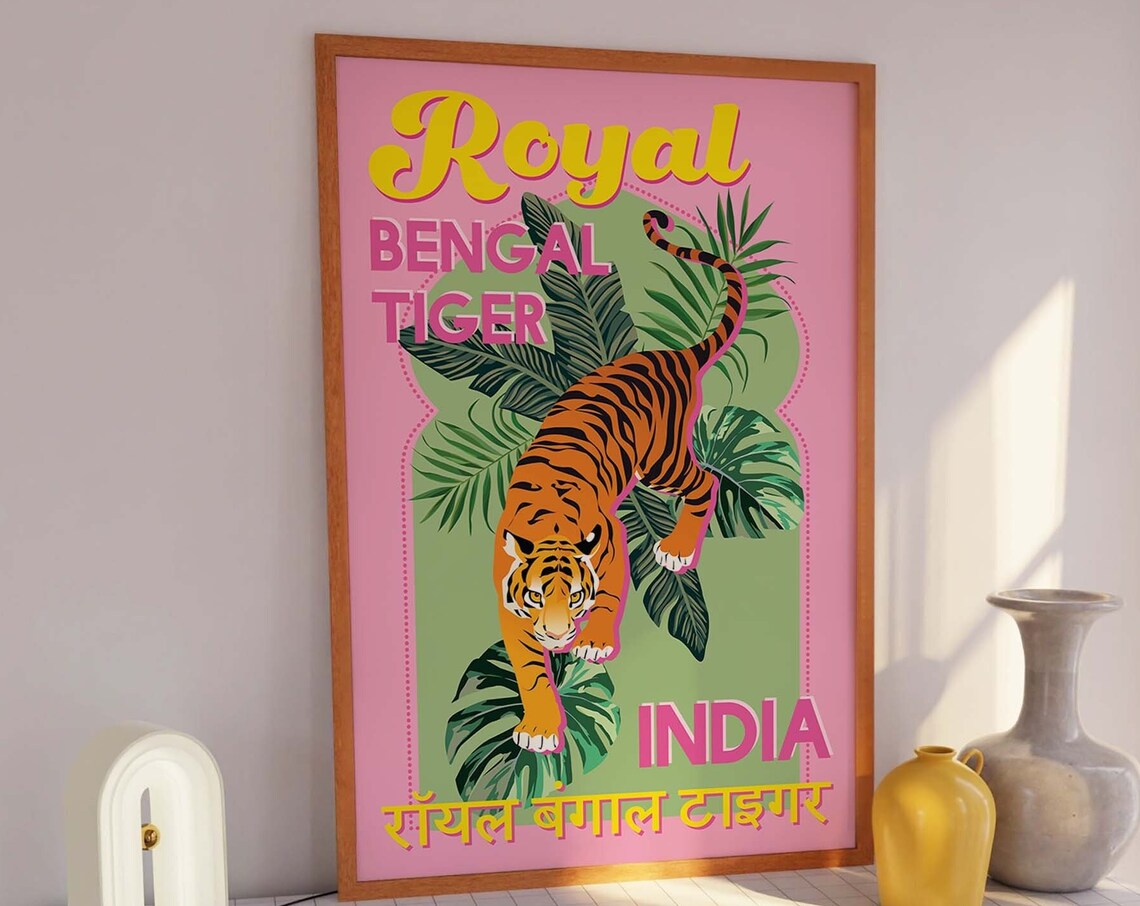 Royal Bengal Tiger India Pink Jungle Retro Travel Art Poster