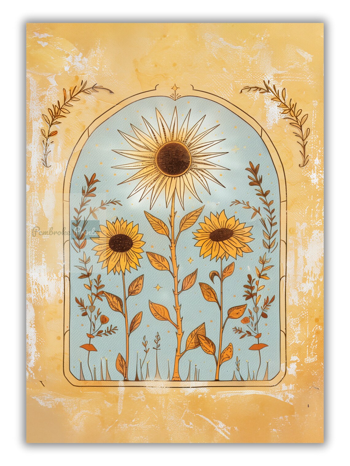 Sunflower Sun Art Poster, Mystical Folk Art Print - Image 3