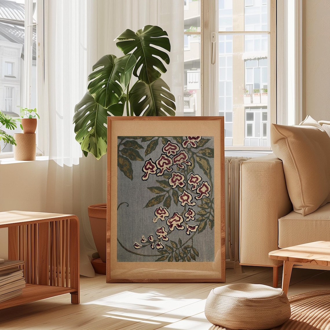 Vintage Japanese Floral Print Antique Wisteria Botanical Wall Art Dusty Blue Burgundy Nature Poster Meiji Era Flower Decor Japandi - Image 3