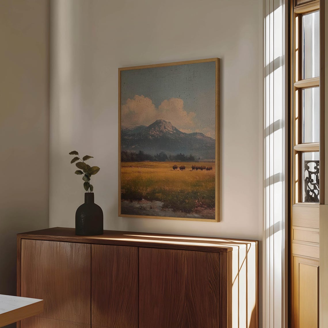 Bison Grazing in a Field, Vintage Oil Painting - Image 2