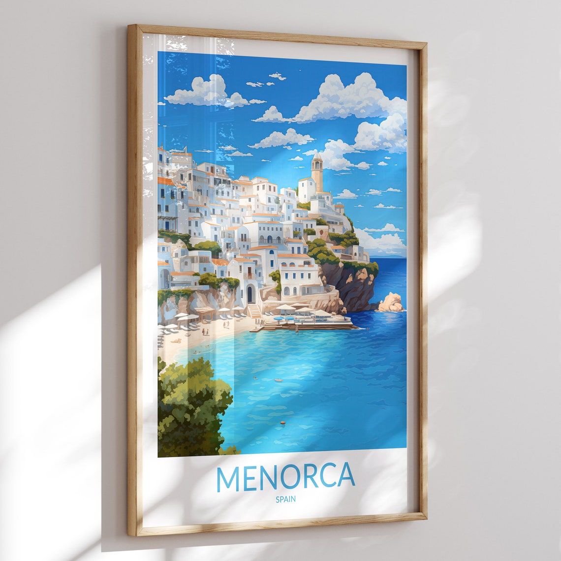 Menorca Spain Whitewashed Cliffs Travel Poster with Beach Coves