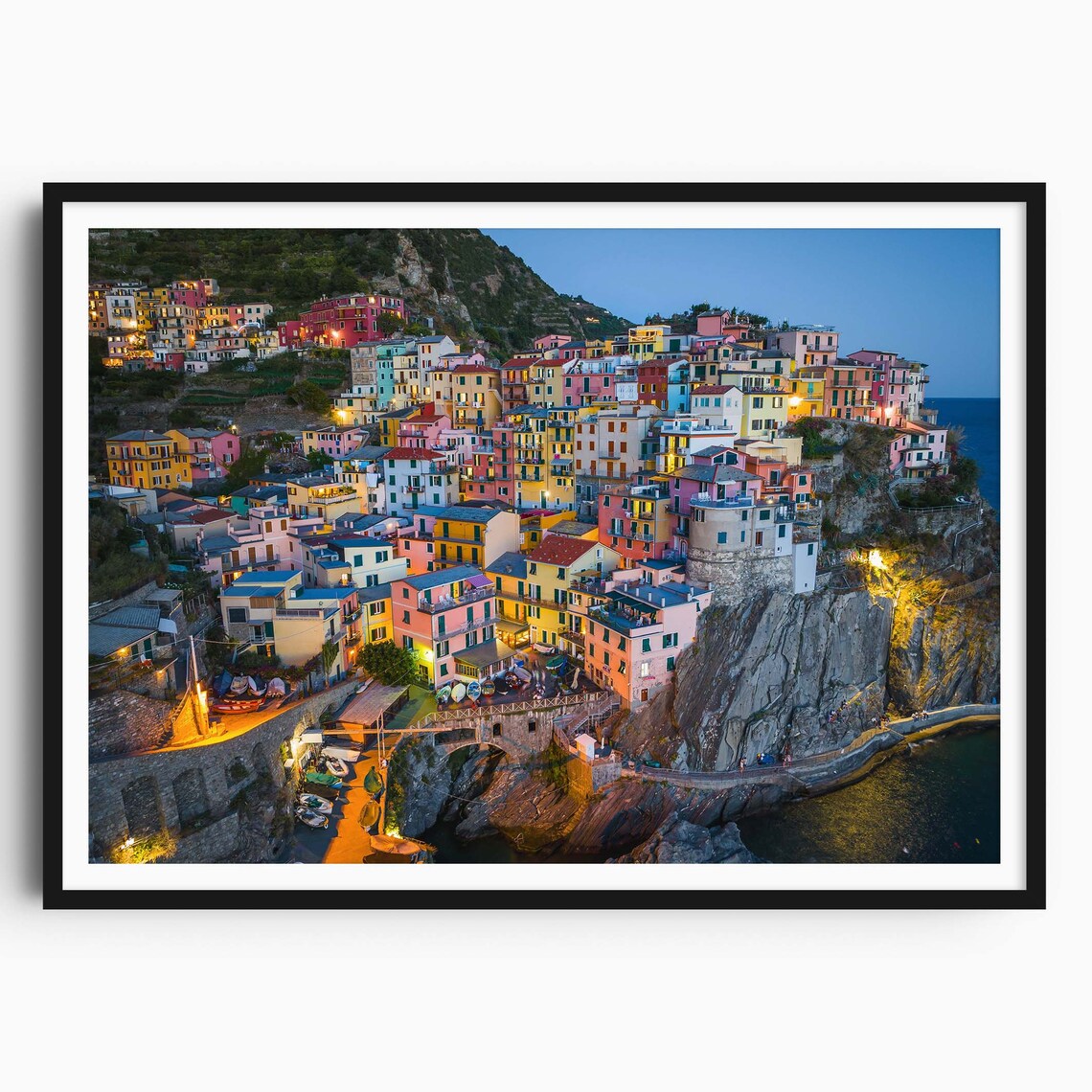 Manarola Cinque Terre Night Lights Cliff Houses Italy Poster