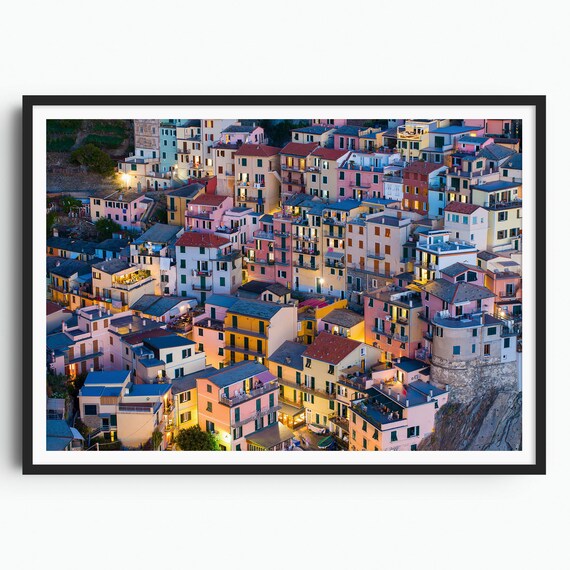 Cinque Terre Manarola Pastel Cliffside Houses Dusk Lights Poster