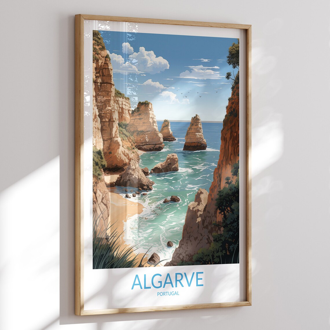 Algarve Portugal Rocky Inlet Sea Stacks Ocean Cove Travel Poster