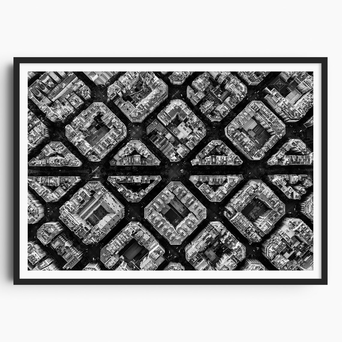 Barcelona Eixample Black And White Aerial City Blocks Drone Poster