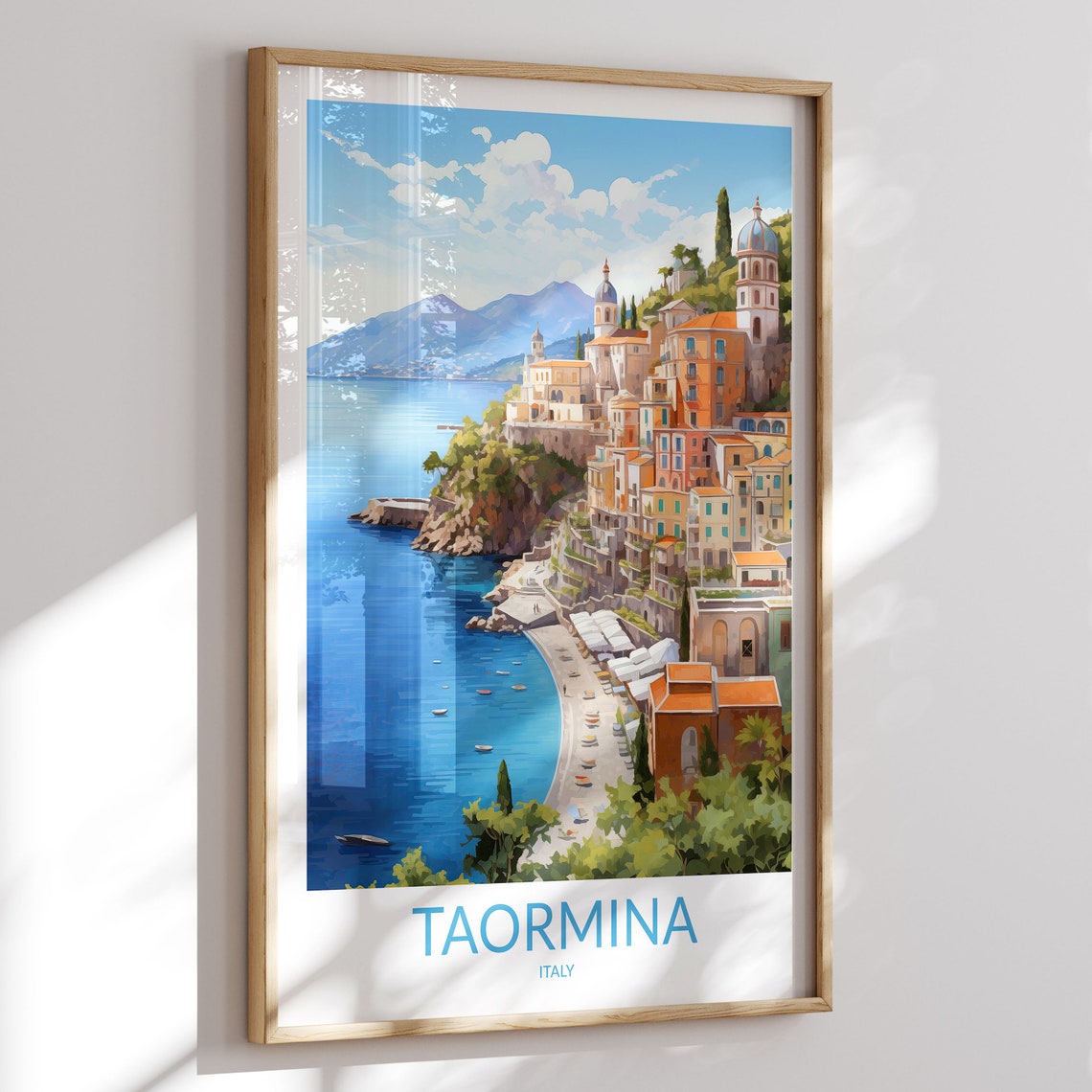Taormina Italy Seaside Cliffs and Harbor Town Vintage Travel Poster