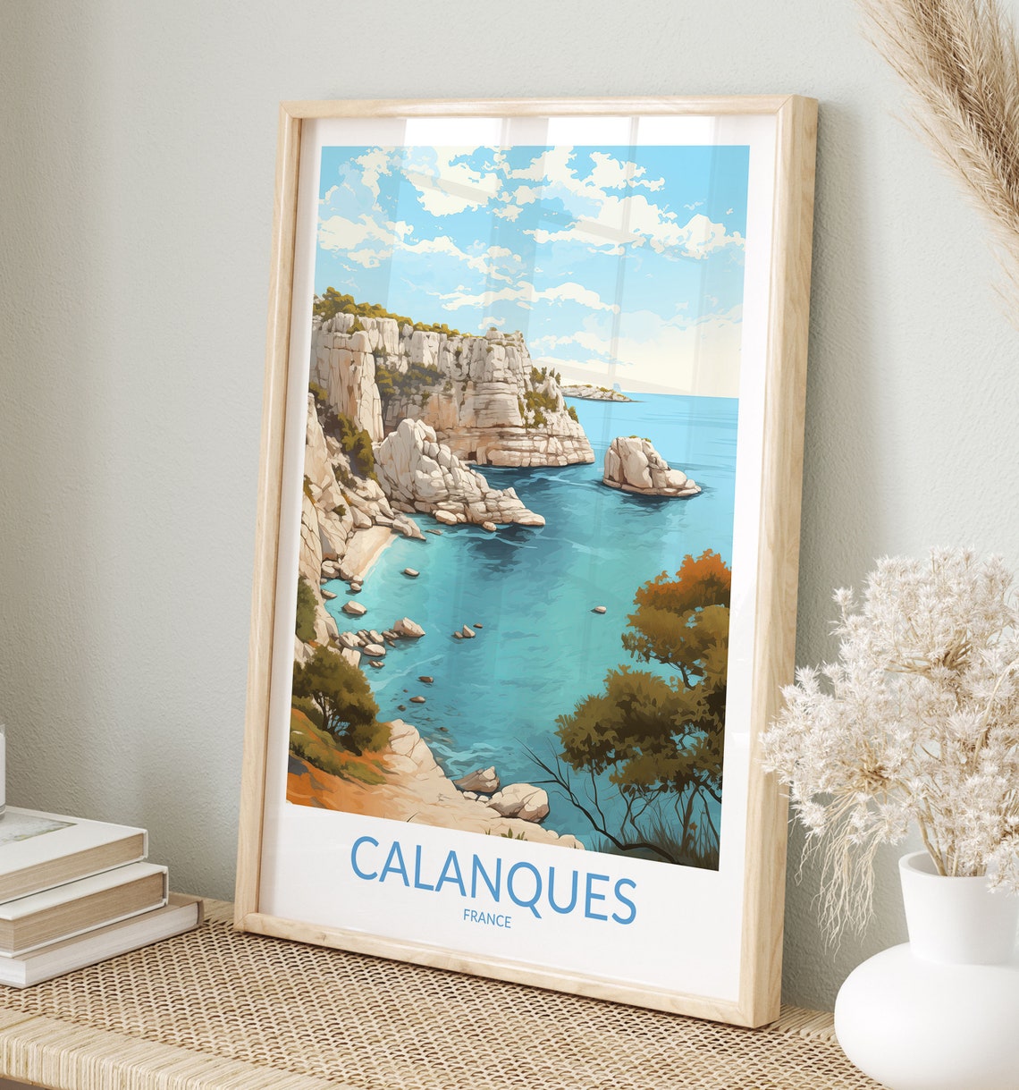 Calanques France Turquoise Bay White Rock Formations Vintage Poster