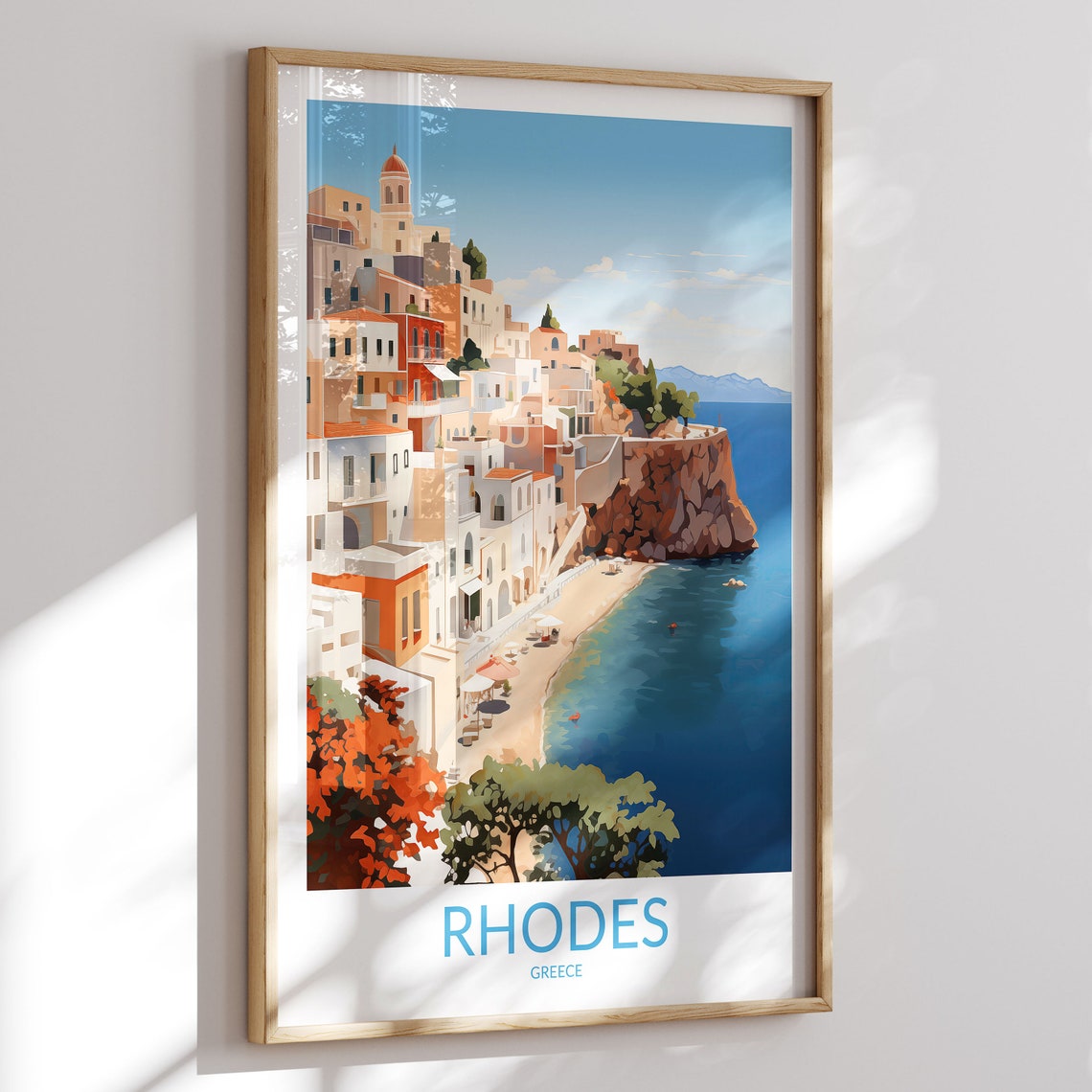 Rhodes Greece Whitewashed Old Town Beach Coast Vintage Poster