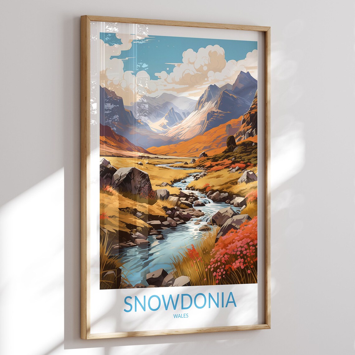 Snowdonia Wales Rocky Stream Golden Valley Peaks Vintage Travel Poster
