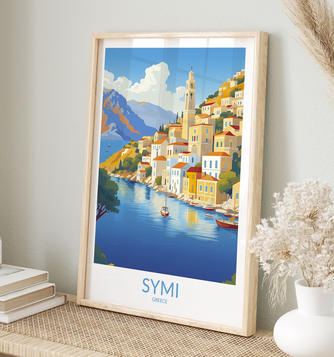 Symi Greece Pastel Hillside Town with Clock Tower Bay View Poster