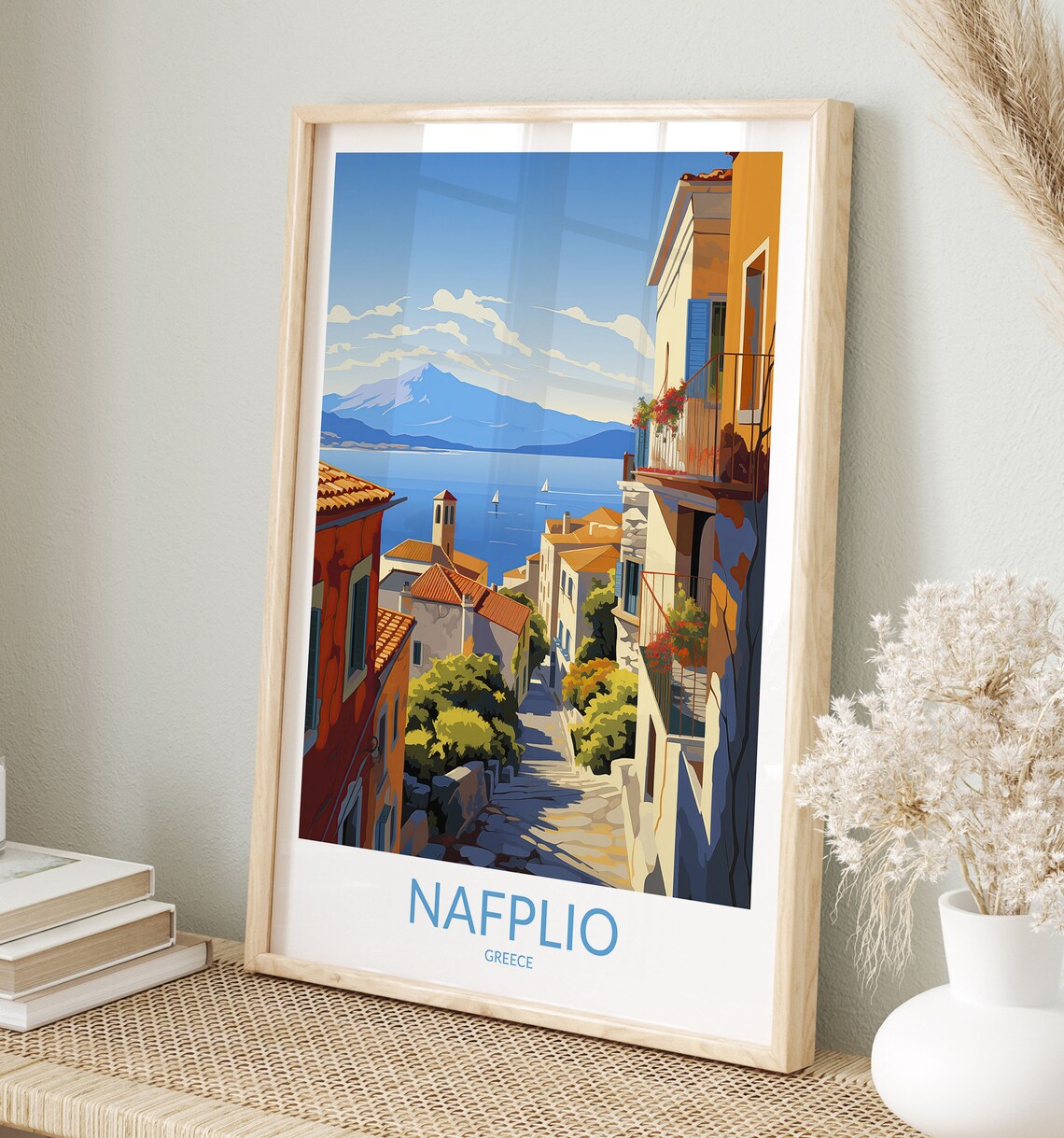 Nafplio Greece Hillside Old Town Street Sea View Travel Poster