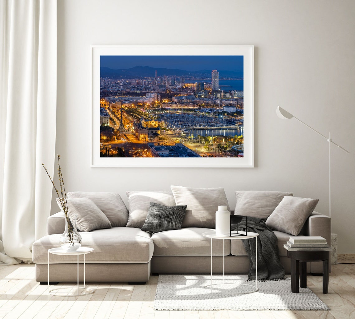 Barcelona Port Vell At Night Columbus Column Marina And Skyline Poster