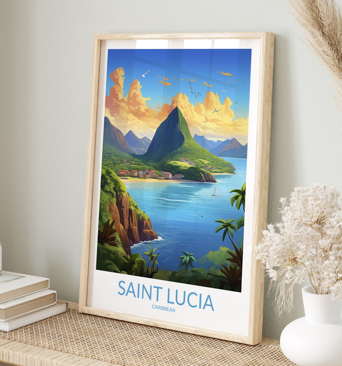 Saint Lucia Caribbean Piton Peak Sailboats Cliff Overlook Ocean Poster