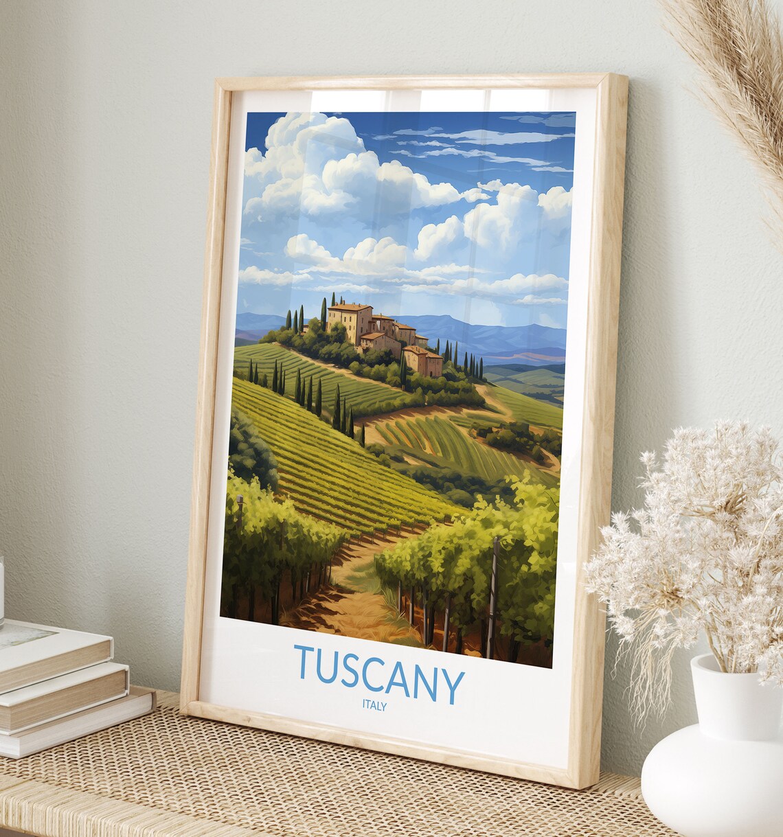 Tuscany Italy Hilltop Villa Vineyards Cypress Clouds Travel Poster