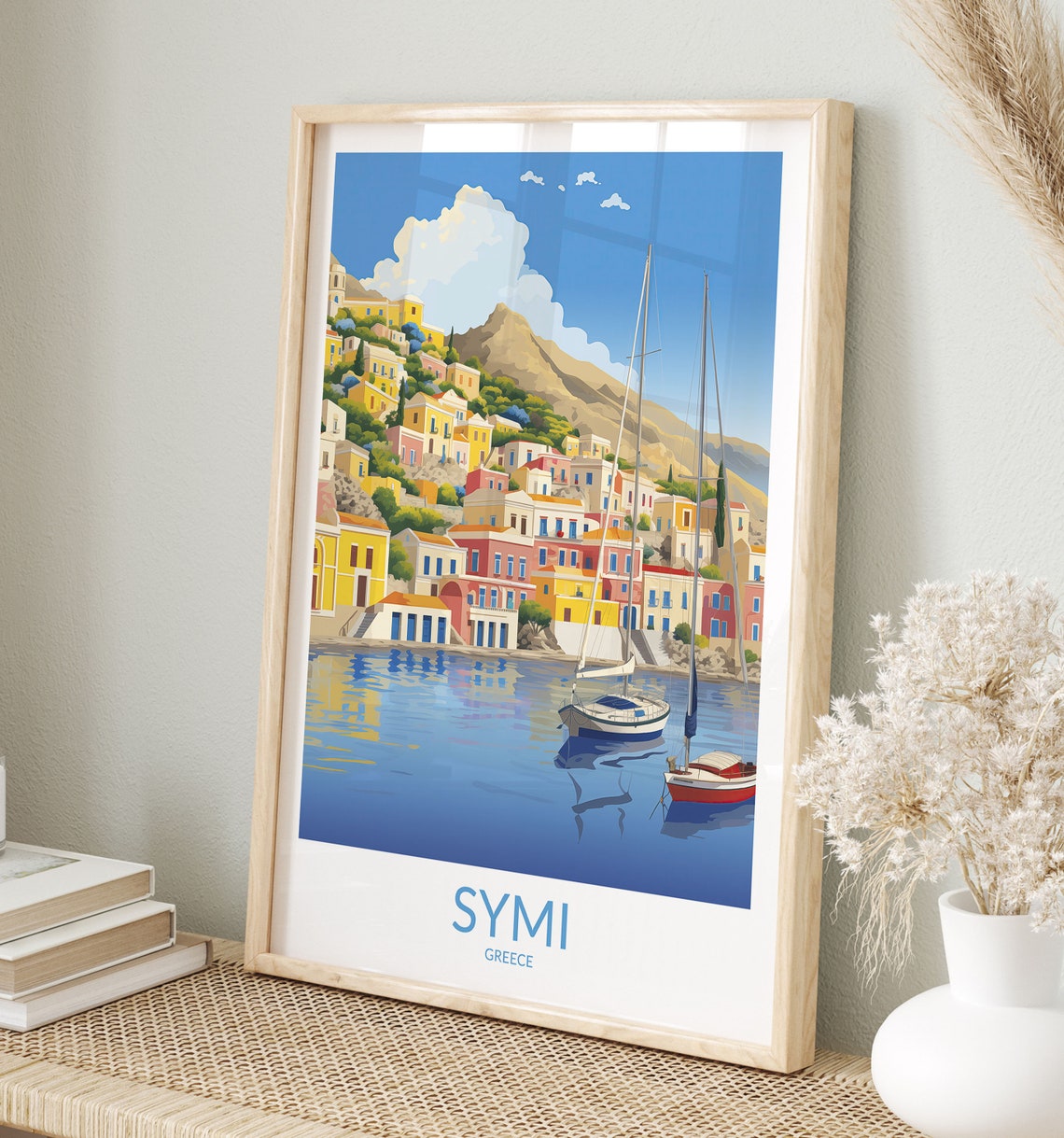 Symi Greece Vibrant Harbor Town Sailboats on Blue Water Poster