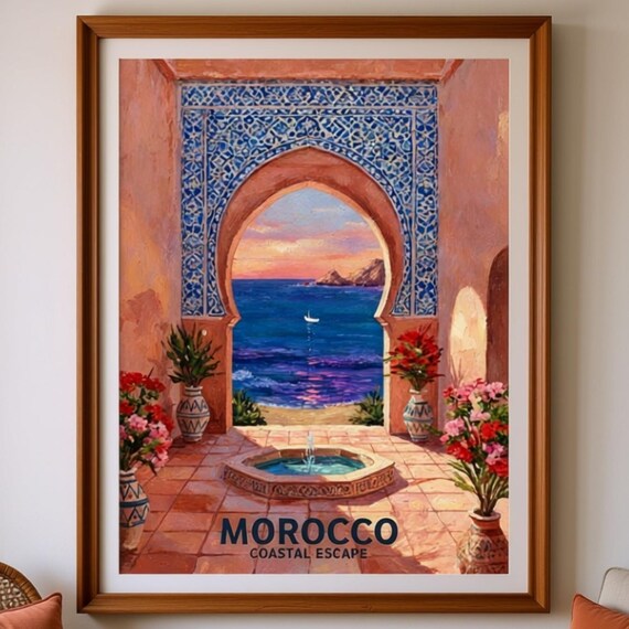 Morocco Coastal Escape Moorish Arch Sea View Travel Art Poster