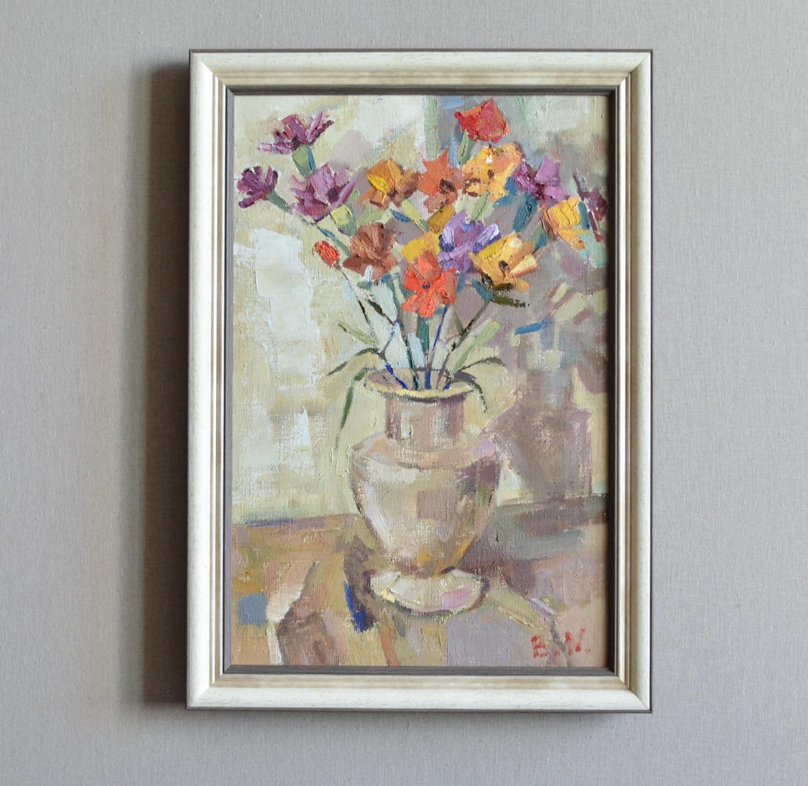 Original Floral Still Life Oil Painting On Canvas Colorful Bouquet Of Flowers In An Antique Vase On An Abstract Background One Of A Kind
