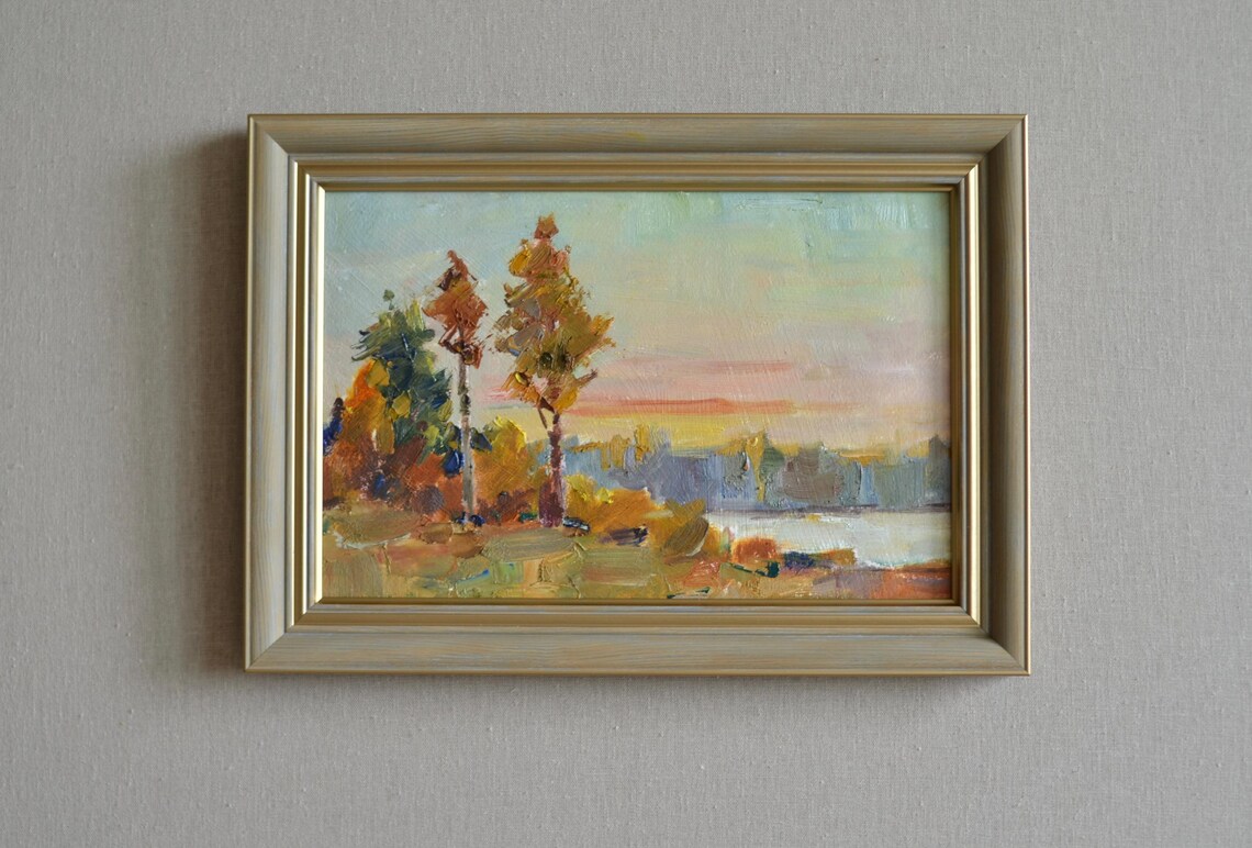 Original Framed Landscape Oil Painting Autumn Landscape With Trees And Forest Near The River Nature Scene European Fine Art One Of A Kind