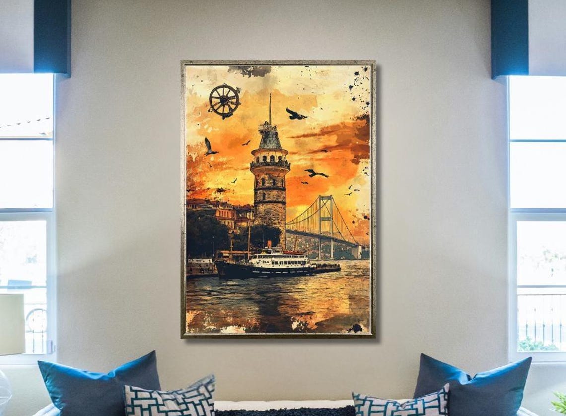 Istanbul Maidens Tower Sunset Watercolor Bosphorus Bridge Art Poster