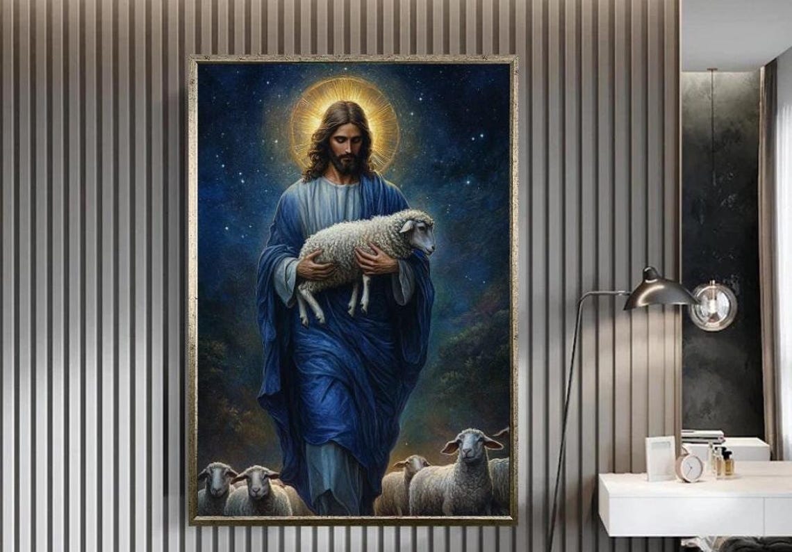Jesus the Good Shepherd With Lamb Starry Night Sky Religious Poster