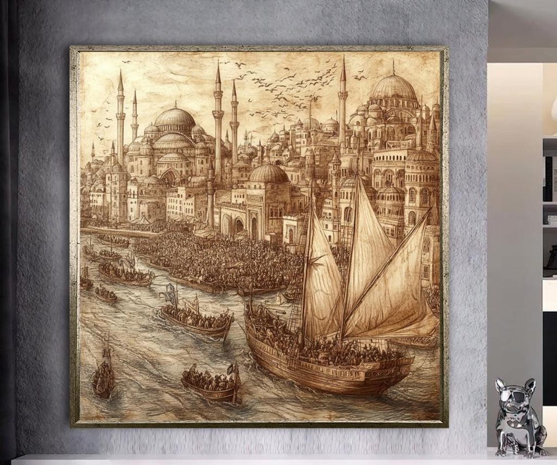 Vintage Istanbul Ottoman Harbor Sepia Sketch Seaport Scene Poster