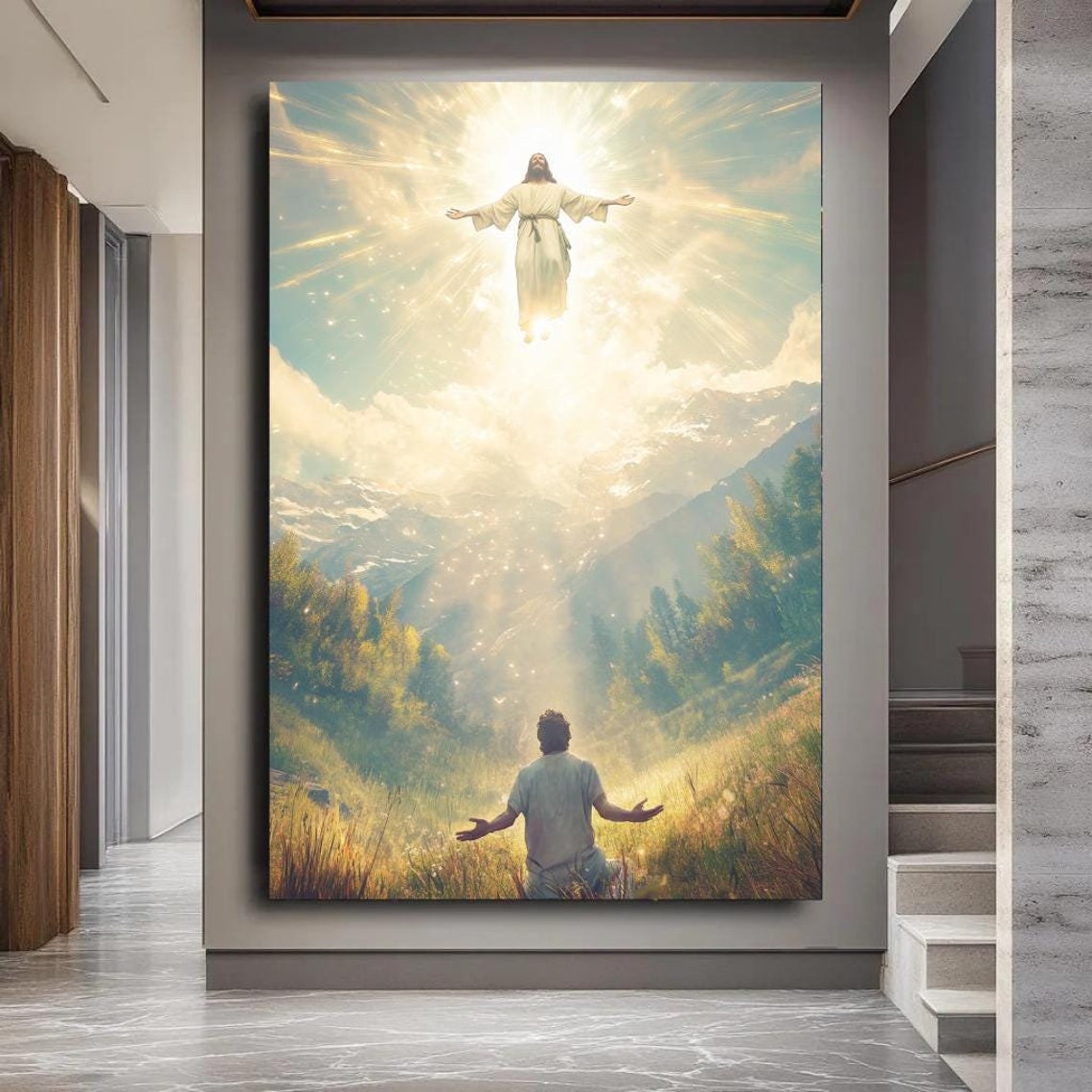 Jesus Ascending in Heavenly Light Over Mountain Valley Art Poster - Image 3