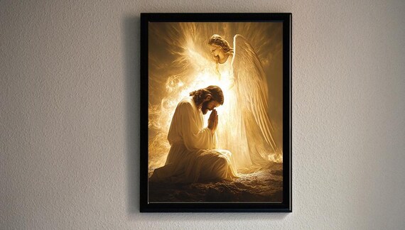 Guardian Angel Comforting Praying Jesus In Golden Light Poster