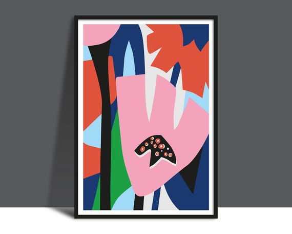 Printable Bold Pink Orange Flowers Instant Art Botanical Illustration Flower Print Modern Bright Style Vibrant Colours Design
