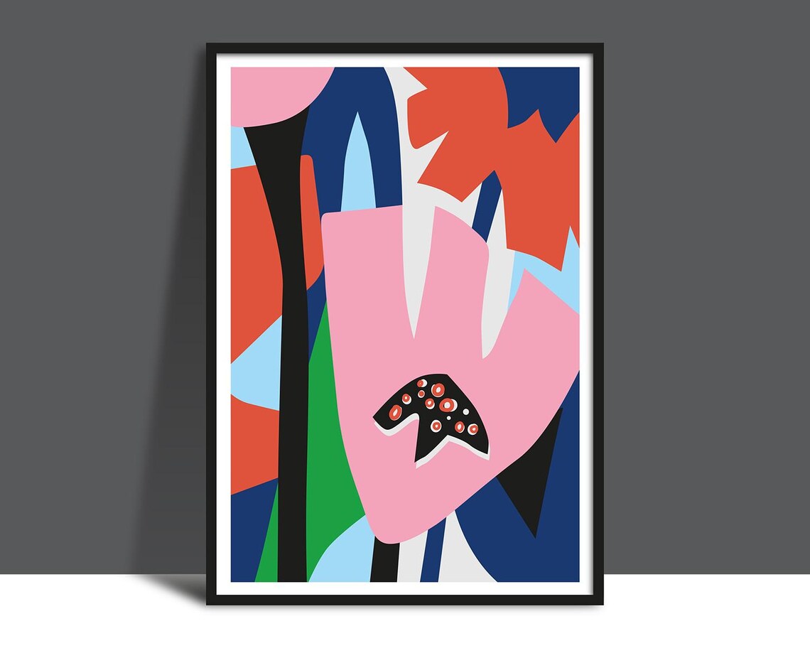 Oversized Pink Abstract Flower on Vibrant Red and Blue Poster