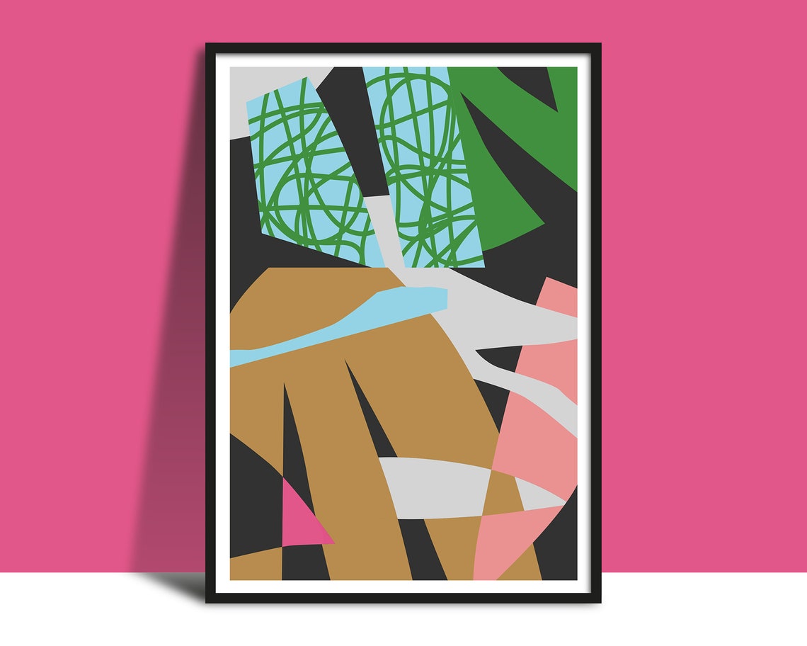 Abstract Botanical Collage with Scribbled Leaves Bold Art Poster