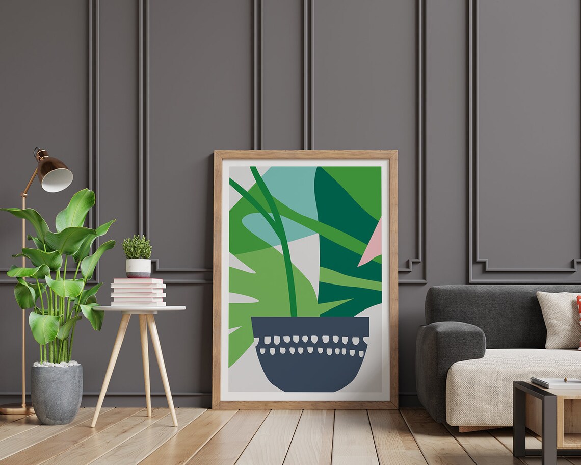 Lush Green Monstera Leaves in Grey Pot Modern Botanical Poster - Image 2