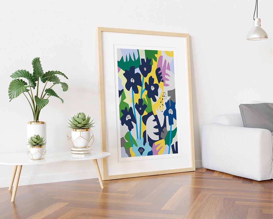 Dark Navy Flowers With Yellow Pink And Green Collage Art Poster - Image 3