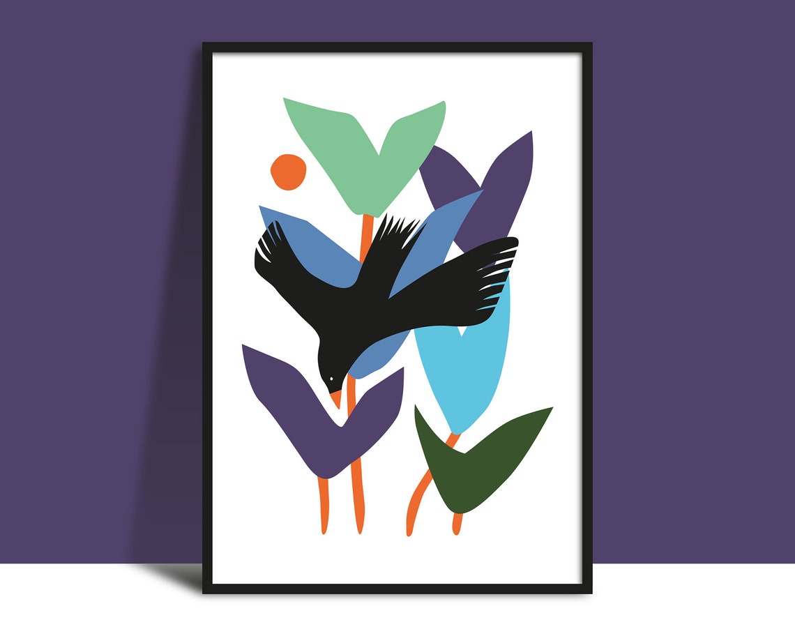 Blackbird in Flight Among Blue and Purple Leaves Modern Art Poster
