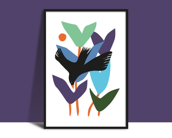 Blackbird And Flowers Wall Art Instant Printable Bright Modern Illustration Poster Floral Minimalist Bold Simple Design