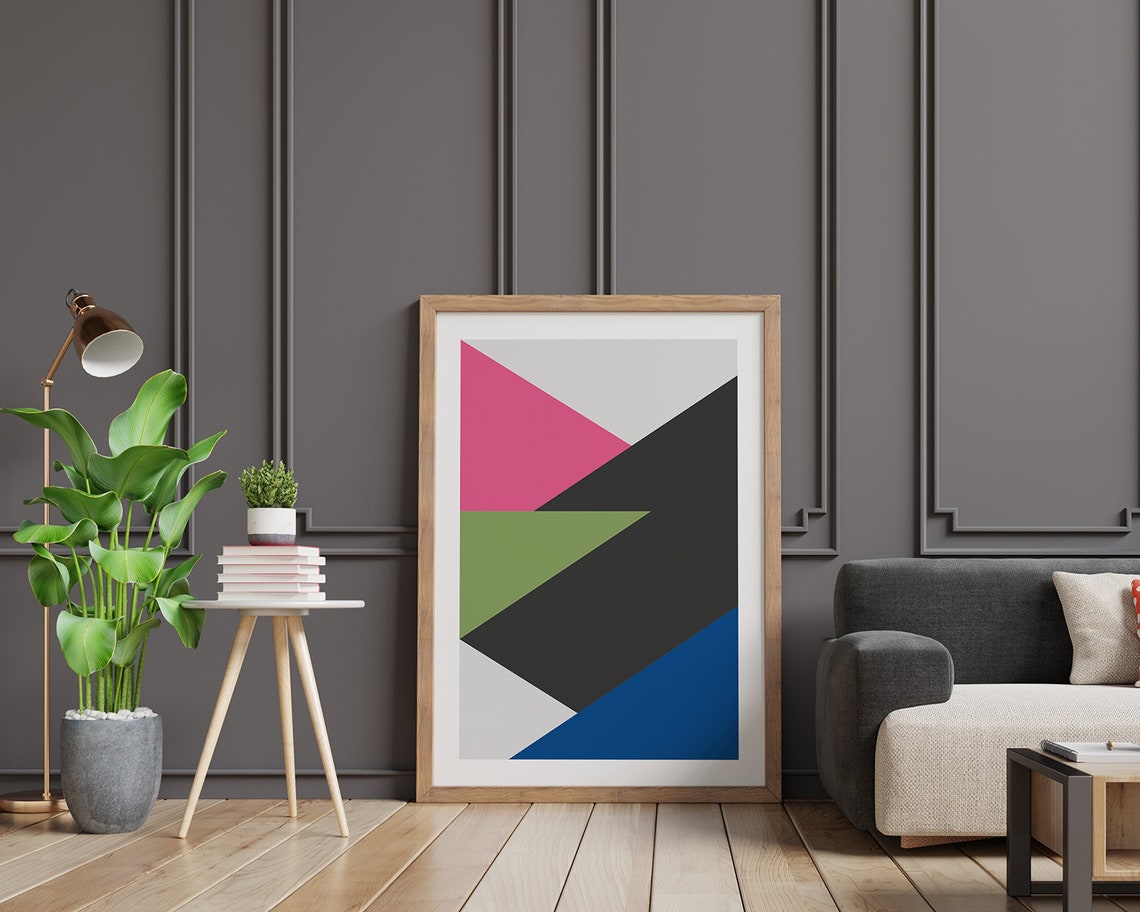 Pink Green Charcoal Blue Abstract Triangle Geometric Wall Art - Image 2