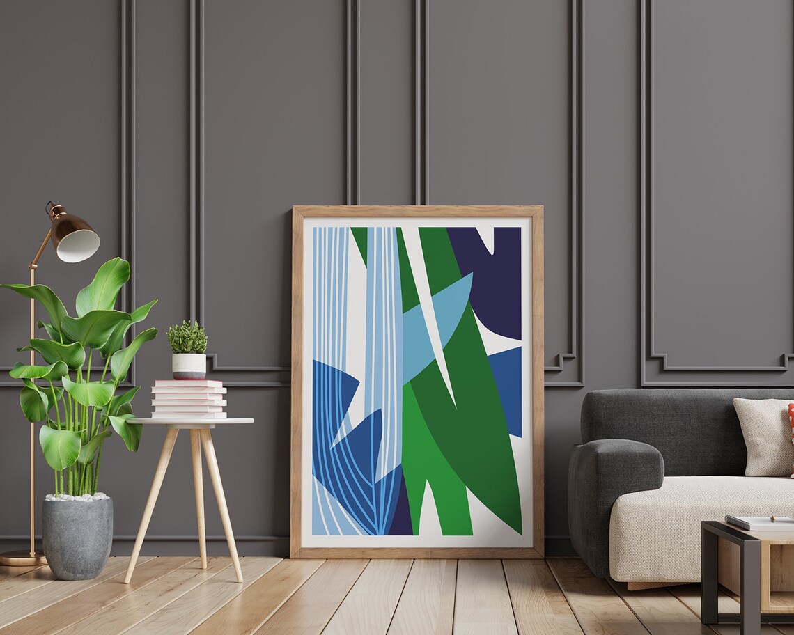Bold Blue And Green Abstract Leaves Collage Contemporary Art Poster - Image 2