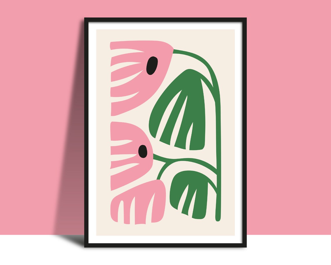 Minimalist Pink Flowers and Green Leaves on Cream Art Poster
