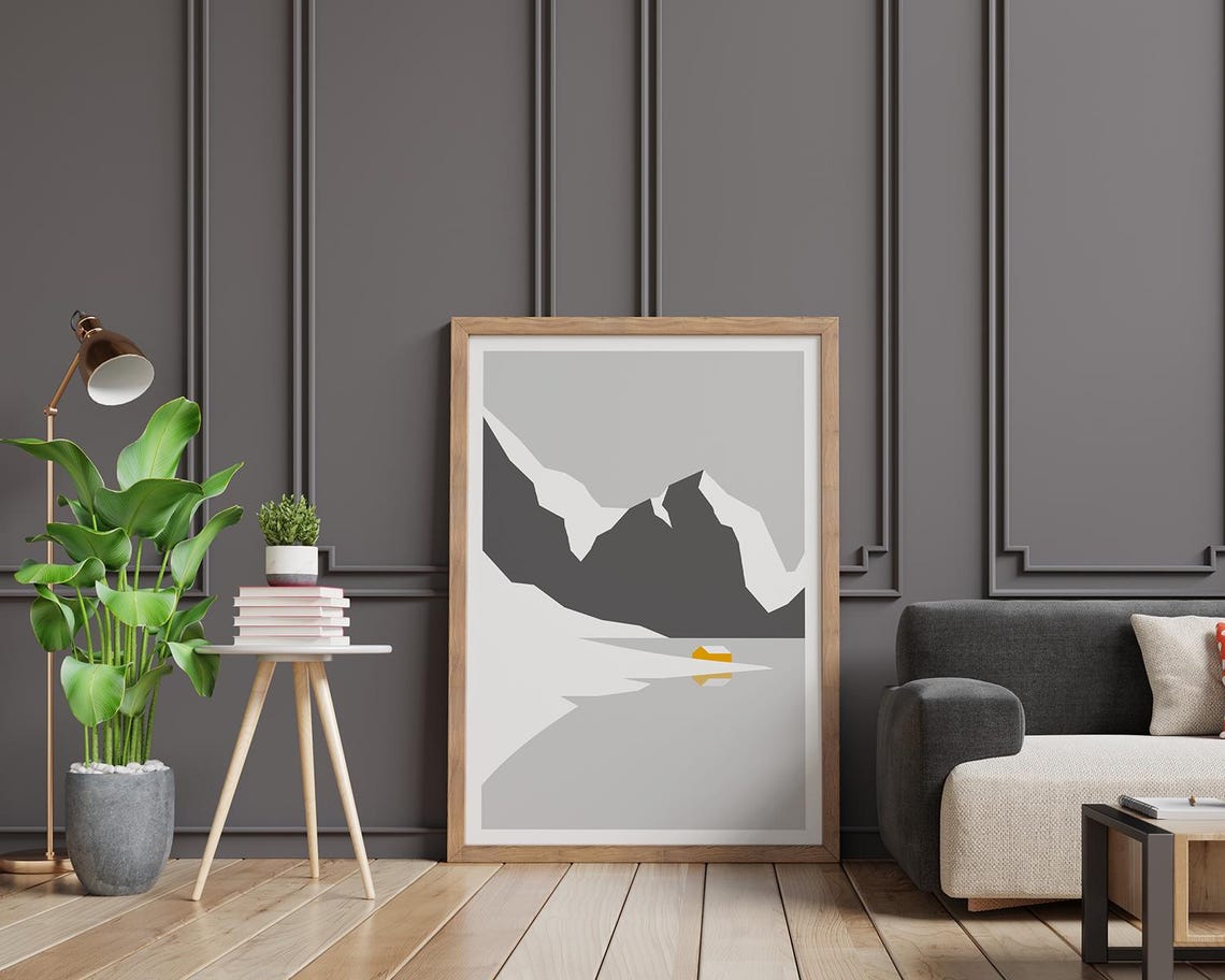 Snowy Mountain Peak Tiny Yellow Cabin Minimal Winter Wall Art - Image 2