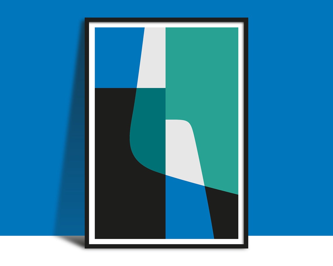Teal Blue and Black Abstract Geometric Shapes Minimalist Poster