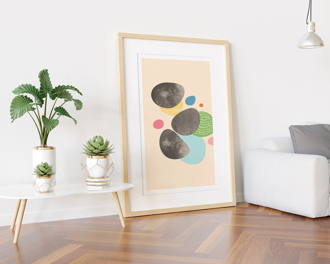 Smooth Gray Pebbles on Sand with Pastel Shapes Abstract Art Poster - Image 3
