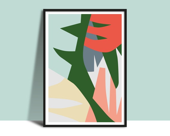 Instant Leaves Botanical Wall Art Abstract Contemporary Poster Bold Leaf Poster Printable Modern Green Red Pink Blue Wall Decor