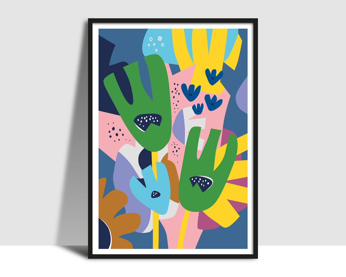 Green Tulip Flowers In Pink Yellow And Blue Abstract Collage Poster