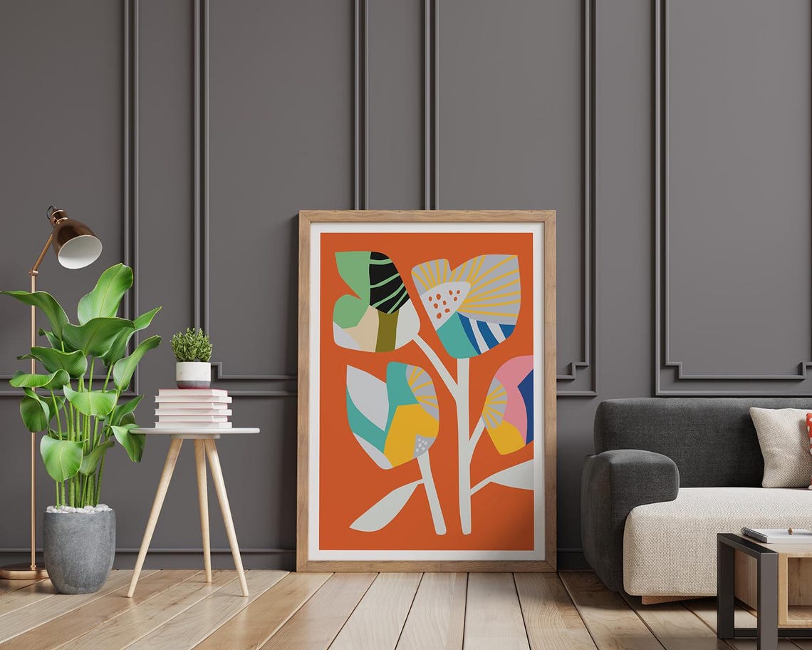 Bold Orange Abstract Floral Collage Modern Botanical Wall Print - Image 2
