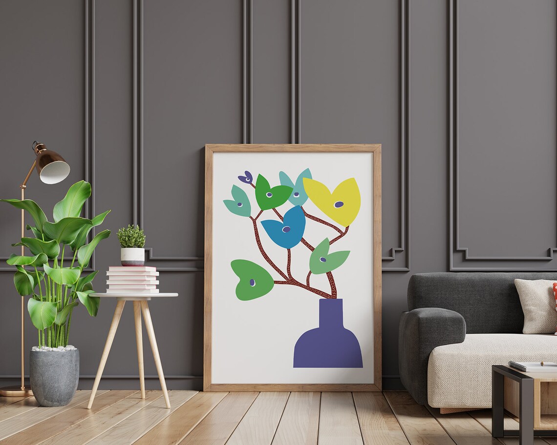 Colorful Heart Shaped Flowers in Purple Vase Modern Art Poster - Image 2