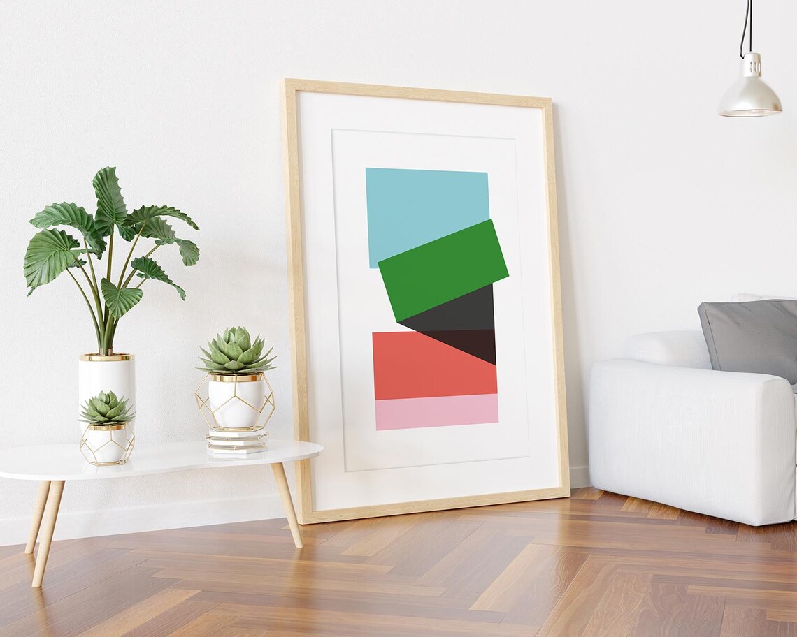 Geometric Blocks in Blue Green Coral and Pink Modern Art Poster - Image 3